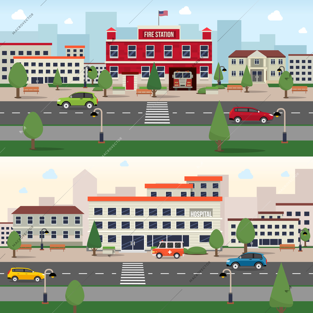 Municipal buildings horizontal banner set with fire station and hospital outdoors isolated vector illustration