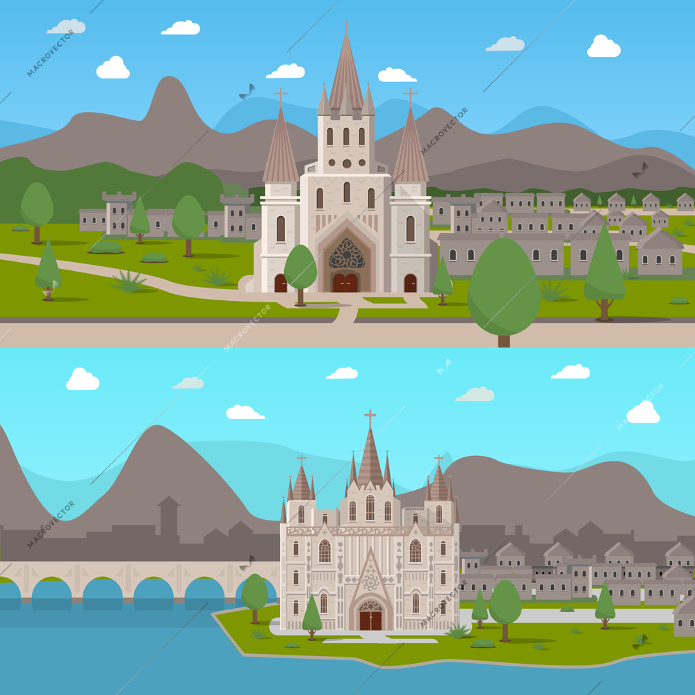 Two horizontal compositions with  gothic temples in cartoon style on medieval town background flat vector illustration