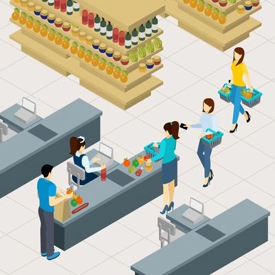 People at the shopping line paying for food and drinks isometric vector illustration