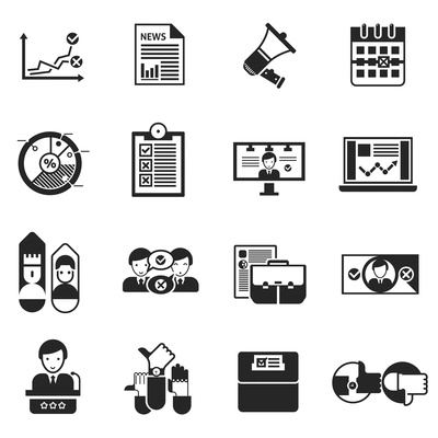 Elections black icons set with rating debate megaphone  performances on tv and result of voting isolated vector illustration