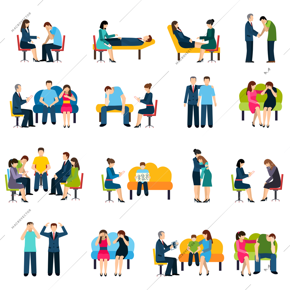 Psychologist counseling and support group for work stress related disorders flat icons set abstract isolated vector illustration