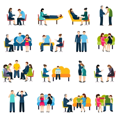 Psychologist counseling and support group for work stress related disorders flat icons set abstract isolated vector illustration