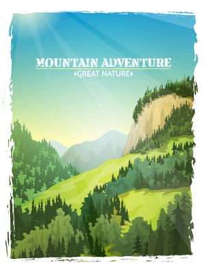 Mountains sunny green slopes landscape design travel outdoor adventures background poster abstract illustration vector