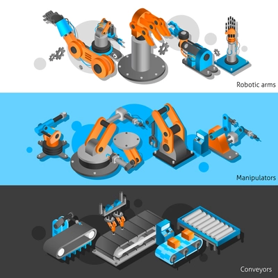 Industrial robot horizontal banner set with isometric manipulators and robotic arms isolated vector illustration