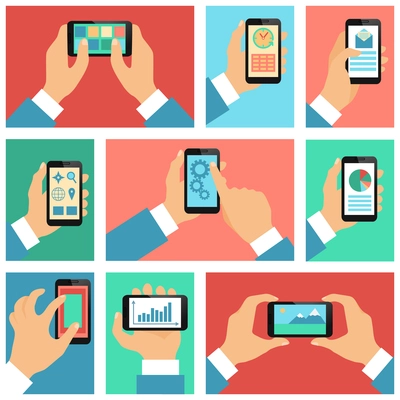 Collection of hands using mobile phone with business apps and social media content isolated vector illustration