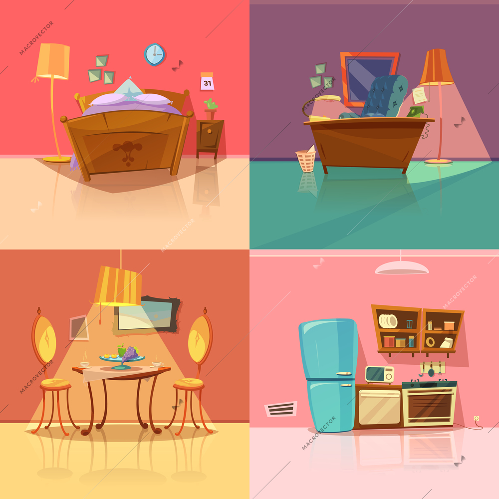 Interior retro set with bedroom dining room office and kitchen cartoon isolated vector illustration