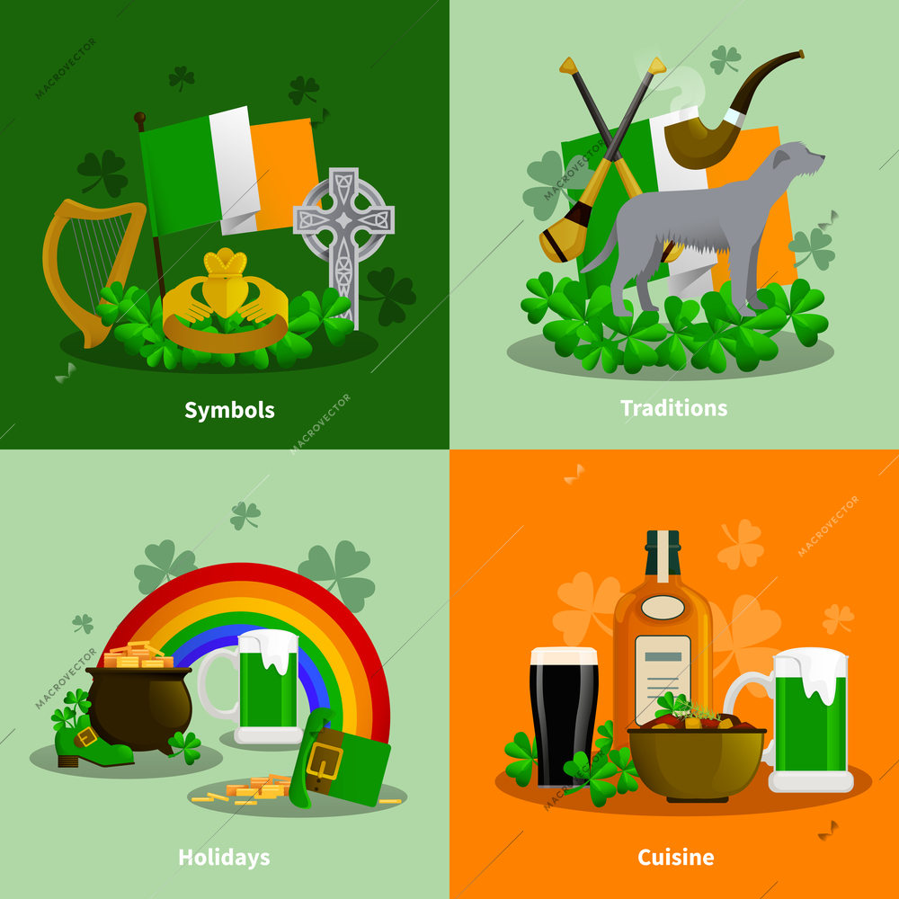 Ireland 2x2 flat design concept set of cuisine traditions simbols holidays decorative compositions  vector illustration