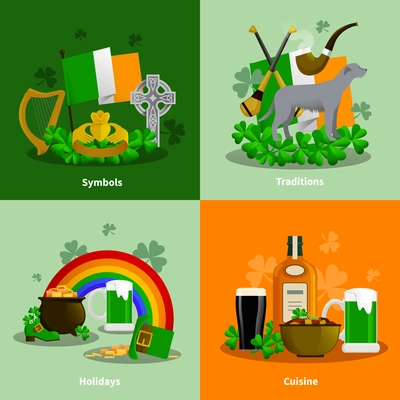 Ireland 2x2 flat design concept set of cuisine traditions simbols holidays decorative compositions  vector illustration