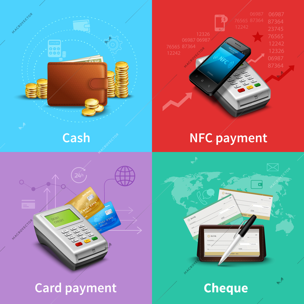 Payment set with cash and card realistic icons isolated vector illustration