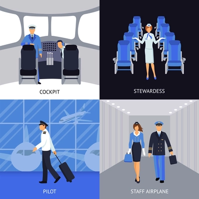 Pilot and stewardess in the cockpit and walking to the plane 4 flat icons square abstract vector illustration