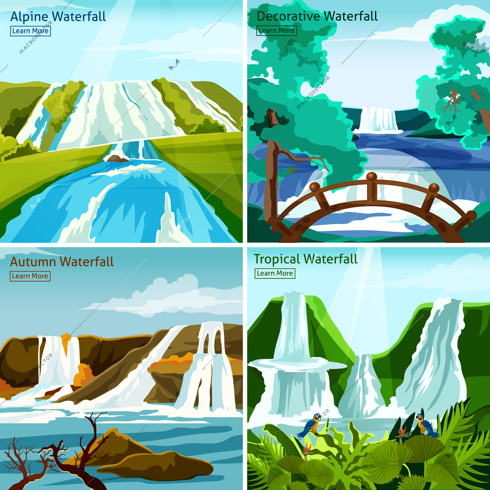 Waterfall landscapes 2x2 design concept with pictires of alpine north tropical and decorative waterfalls flat vector illustration