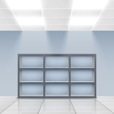 Illuminated department store display empty shelves vector illustration