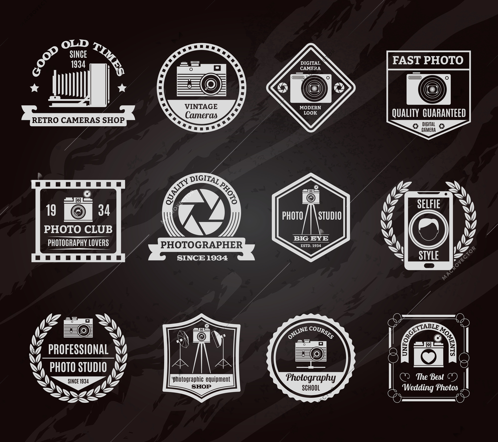 Photo industry chalkboard emblems set with old and modern digital equipment symbols flat isolated vector illustration