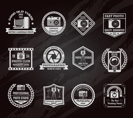 Photo industry chalkboard emblems set with old and modern digital equipment symbols flat isolated vector illustration