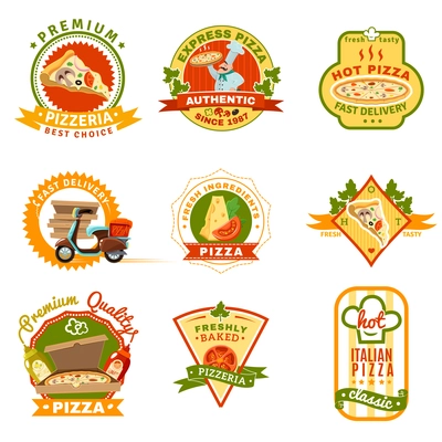 Pizza emblems set with fresh ingredients and premium quality symbols cartoon isolated vector illustration