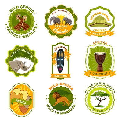 Africa emblems set with travel and traditions symbols cartoon isolated vector illustration
