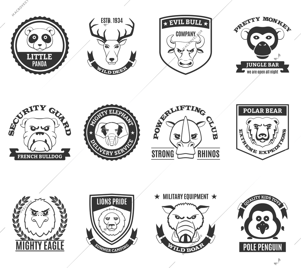 Wild animal black white labels set with powerliftinng club and summer camping symbols flat isolated vector illustration