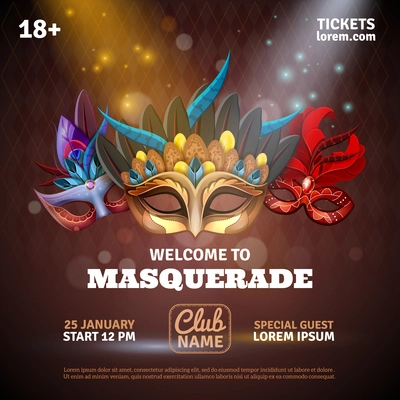 Masquerade realistic poster with party tickets and club symbols vector illustration