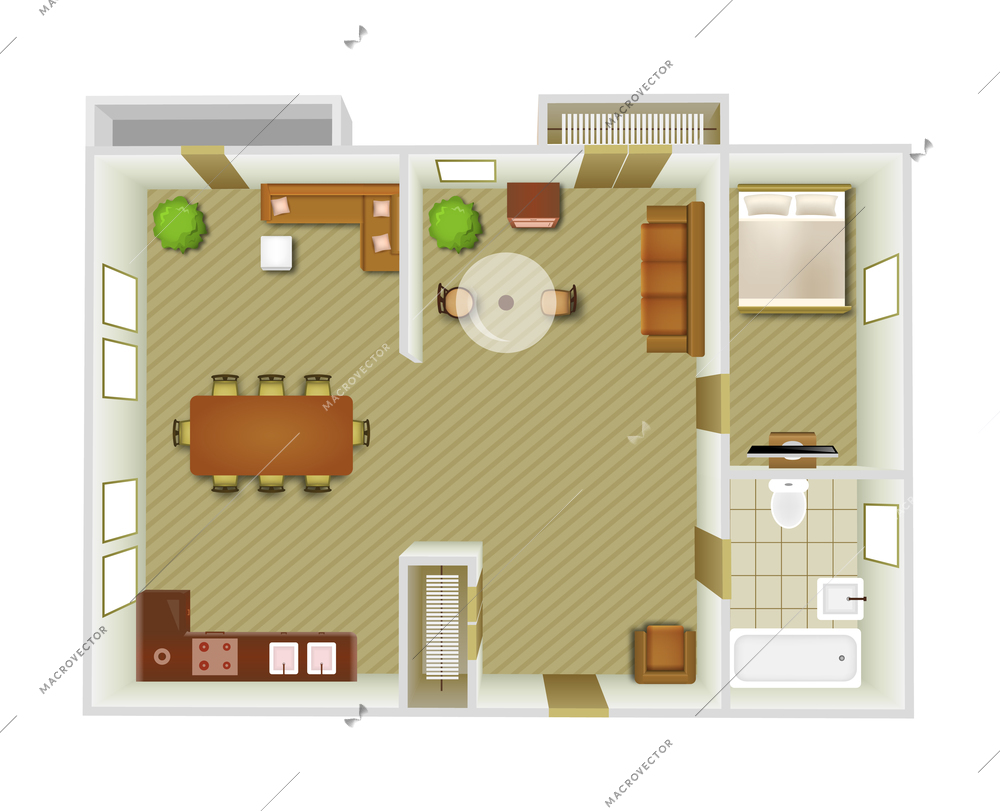 Flat interior top view with living room and kitchen furniture vector illustration