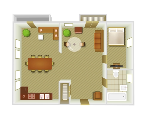 Flat interior top view with living room and kitchen furniture vector illustration