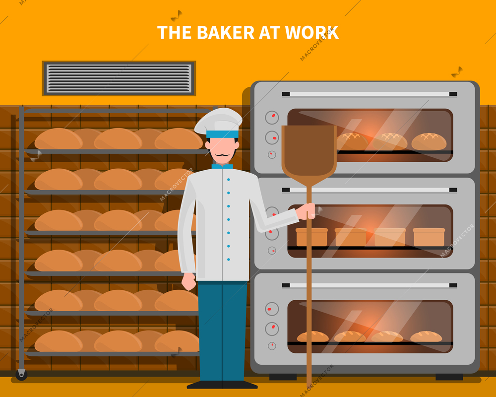 Baker at work concept with bread oven flat vector illustration