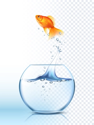 Golden fish jumping high out the round fishbowl with clear water light checkered background poster vector illustration