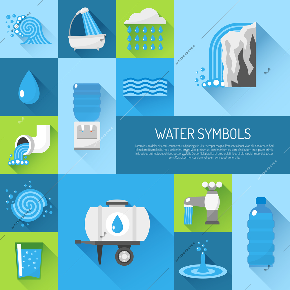 Water flat decorative icons set with glass tube plastic bottle pack isolated vector illustration