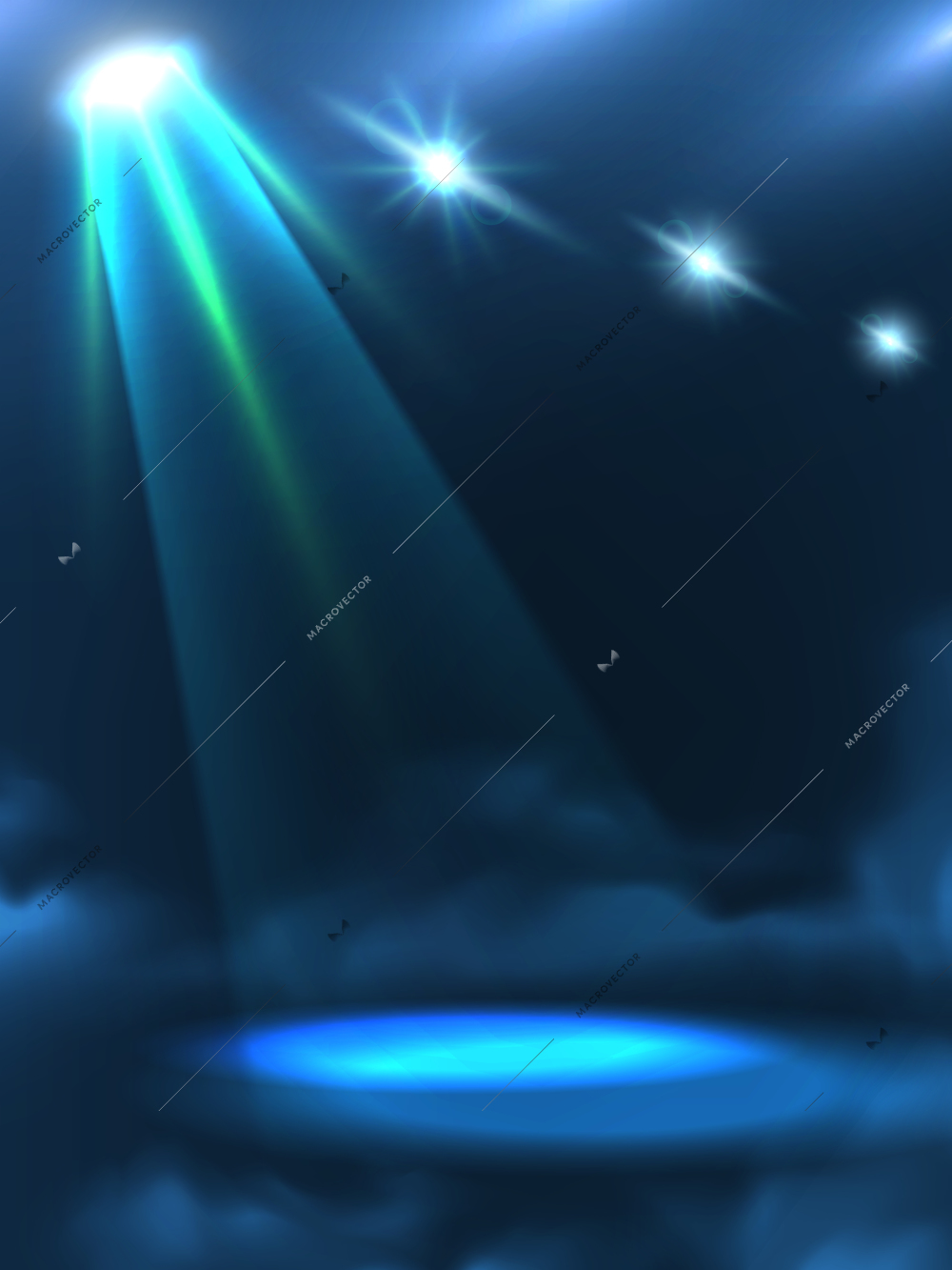 Blue green dim light beam and light spots in the darkness with clouds effect background abstract vector illustration