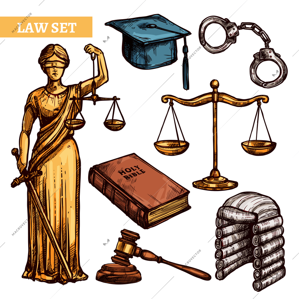 Decorative law elements set with figure Themis Holy Bible scales handcuffs hammer and  judges accessories  isolated vector illustration