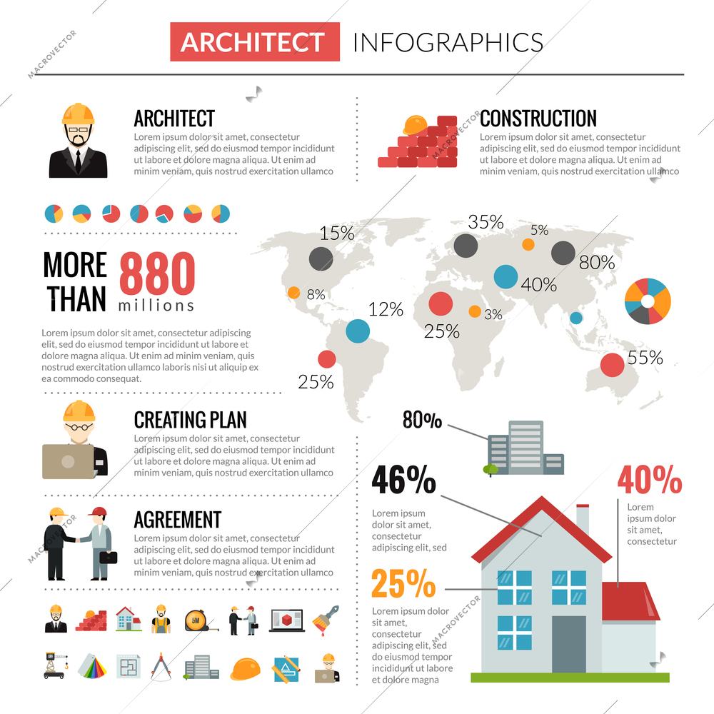 Architect infographics set with construction symbols world map and charts vector illustration