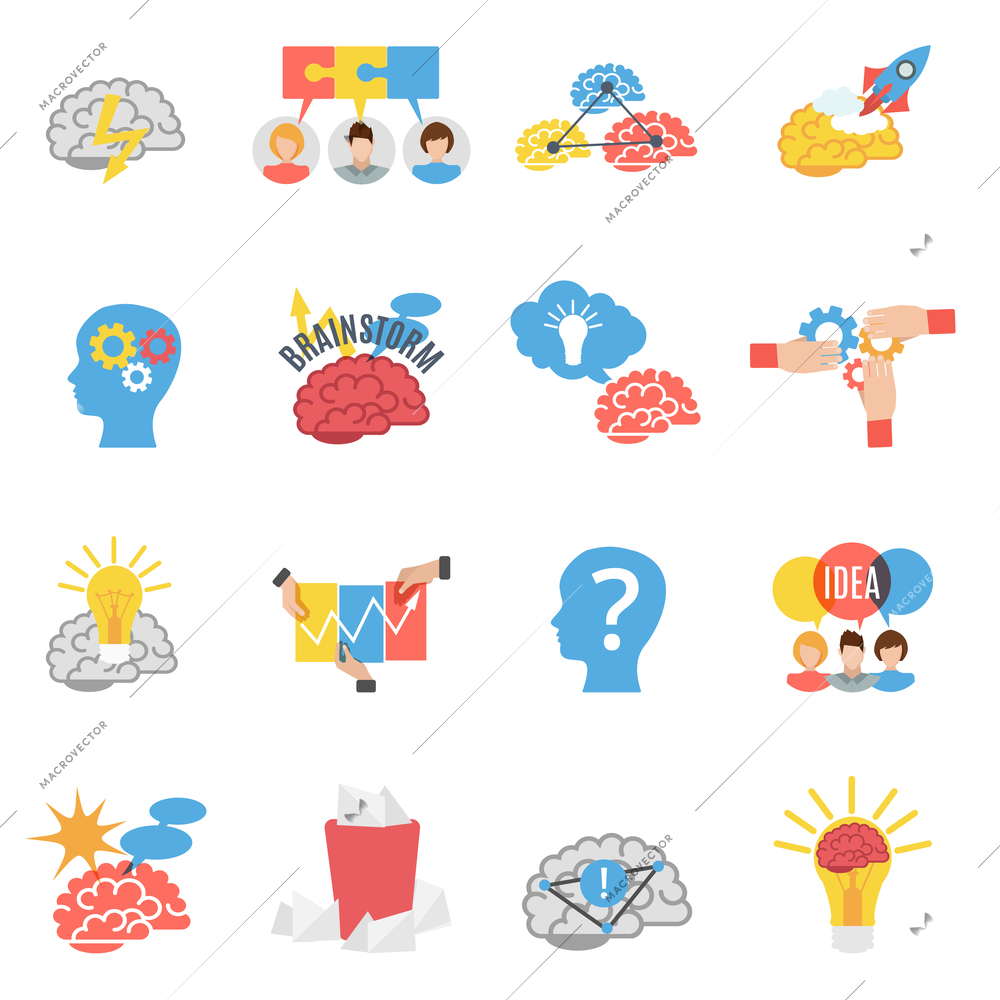 Brainstorm creative isolated flat color icons set with human head brain lamp bulb vector illustration