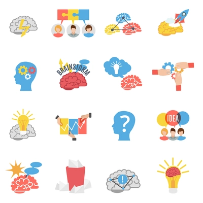 Brainstorm creative isolated flat color icons set with human head brain lamp bulb vector illustration