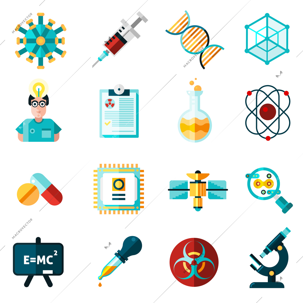 Science icons set with theory and results symbols flat isolated vector illustration