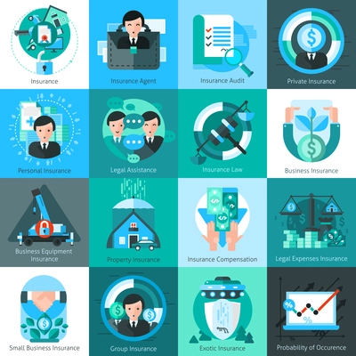 Business insurance icons set with insurance agent and audit symbols flat isolated vector illustration