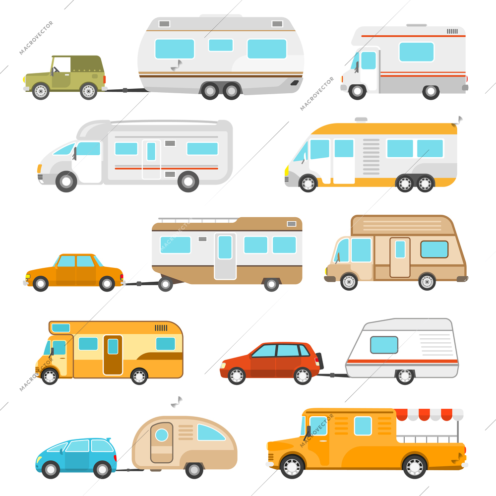 Recreational vehicle icons set with different types of motorhomes flat isolated vector illustration