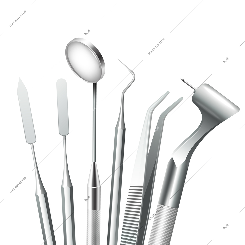 Teeth dental medical equipment steel tools set realistic vector illustration