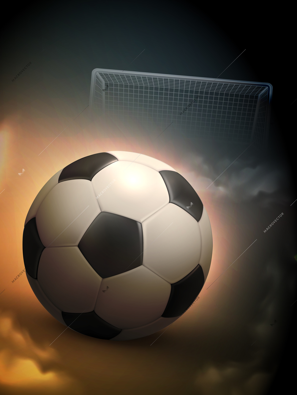 Beautiful goal moment with  glowing in the darkness soccer ball against metallic gates background abstract vector illustration