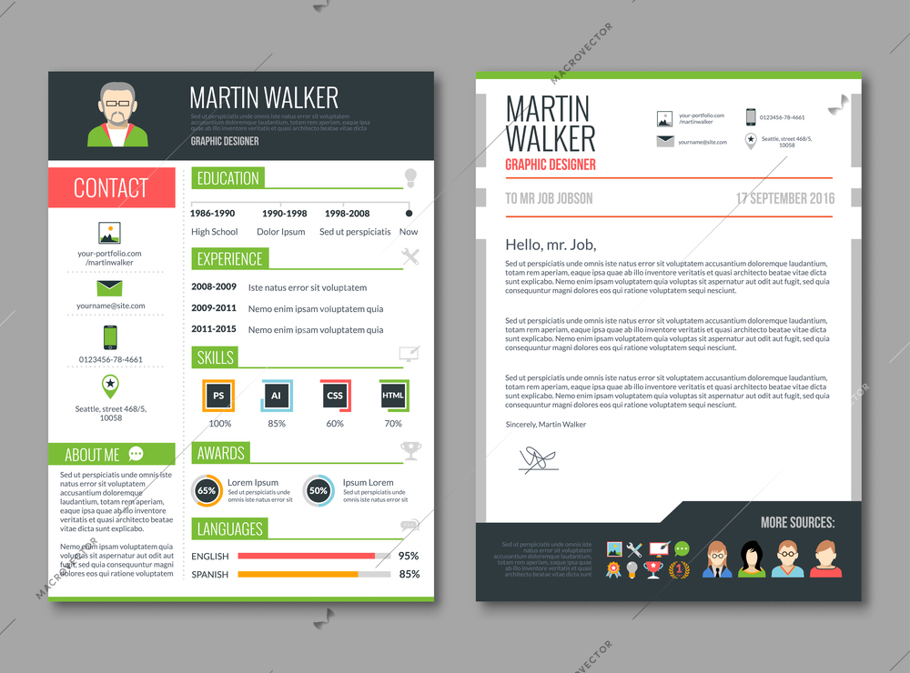 CV layout template with candidate education and job experience resume information vector illustration