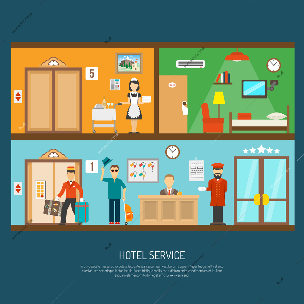 Hotel service concept with room cleaning and reception flat vector illustration