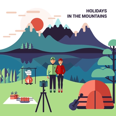 Camping in mountains flat vector illustration with people tent campfire and mountain landscape background