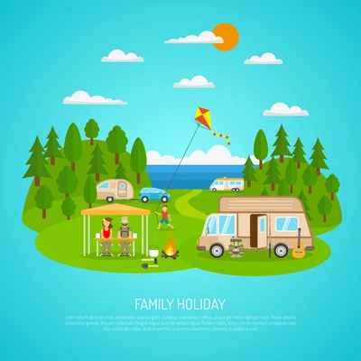 Family camping by the sea with motorhomes forest and fires flat vector illustration