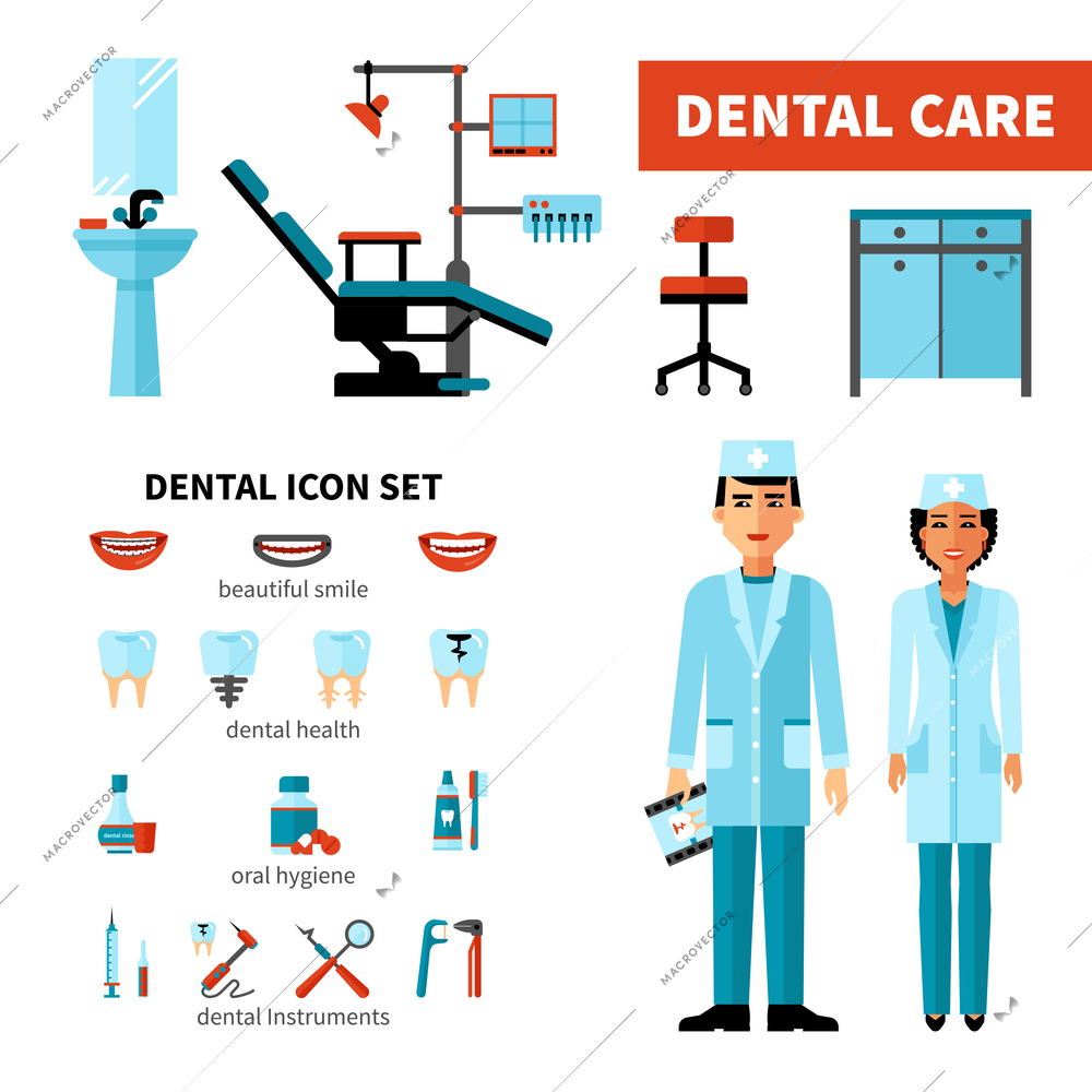 Dentist design concept with stomatologists dental clinic equipment and dental care icon set isolated vector illustration