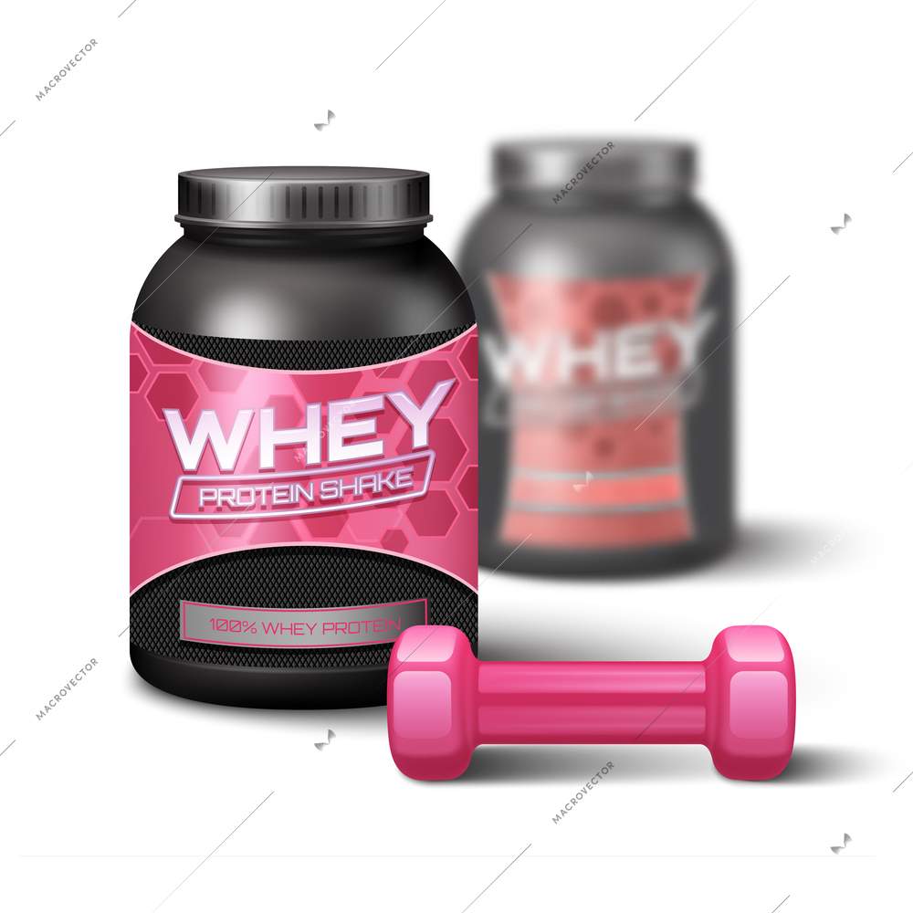 Pink woman dumbbell and jar of whey protein sport nutrition vector illustration