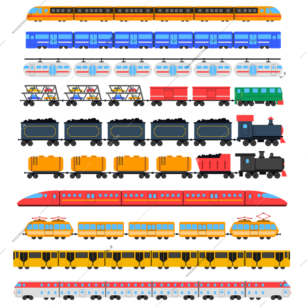 Train icons set with passenger and cargo transport isolated vector illustration