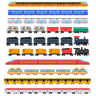 Train icons set with passenger and cargo transport isolated vector illustration