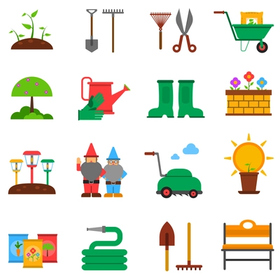 Gardening flat icons set with seedling tools and plants isolated vector illustration
