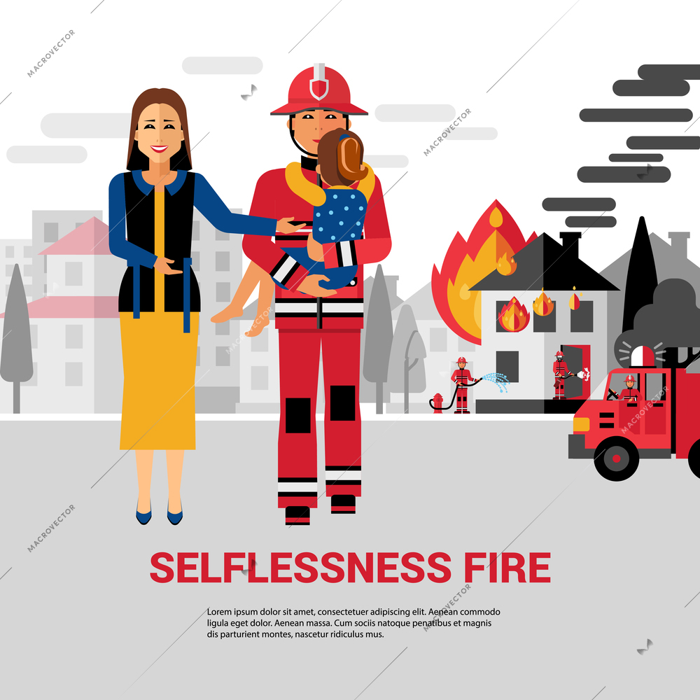 Firefighter flat vector Illustration with burning house firetruck woman and fireman rescuing child