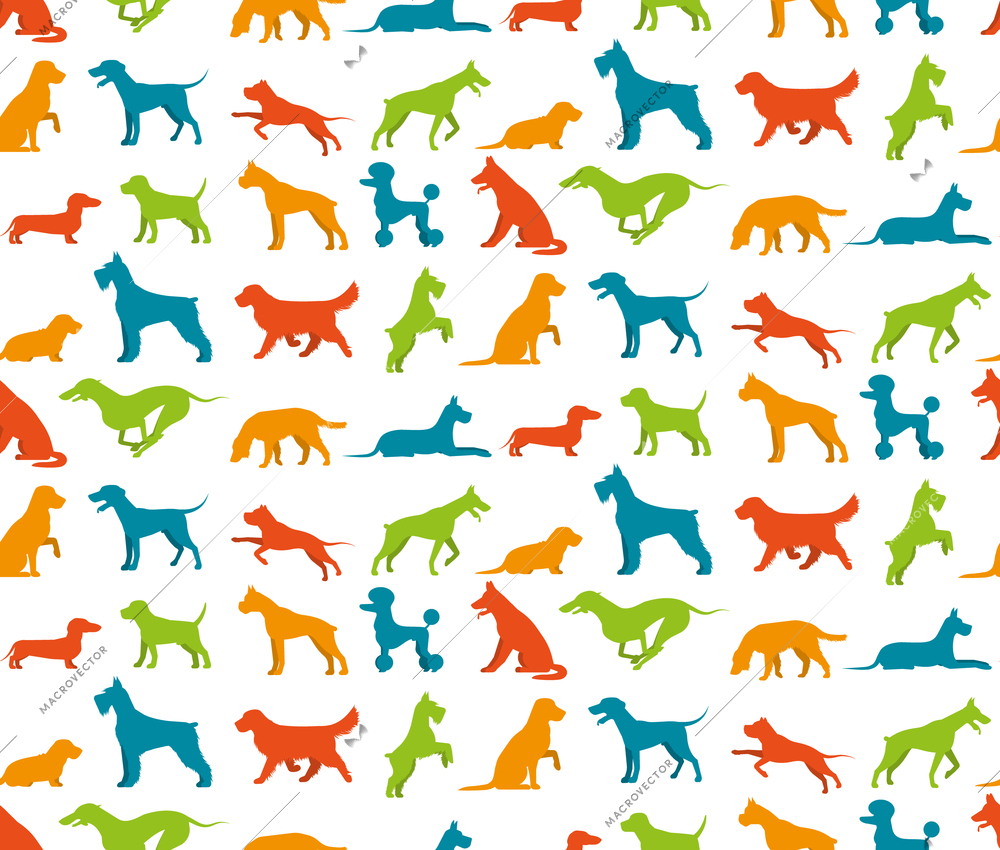 Dog seamless pattern with flat pet breeds silhouettes vector illustration