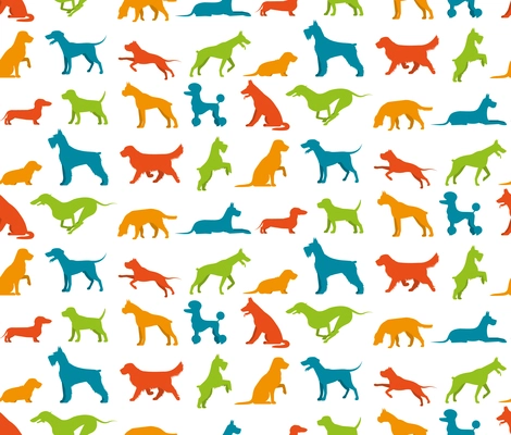 Dog seamless pattern with flat pet breeds silhouettes vector illustration