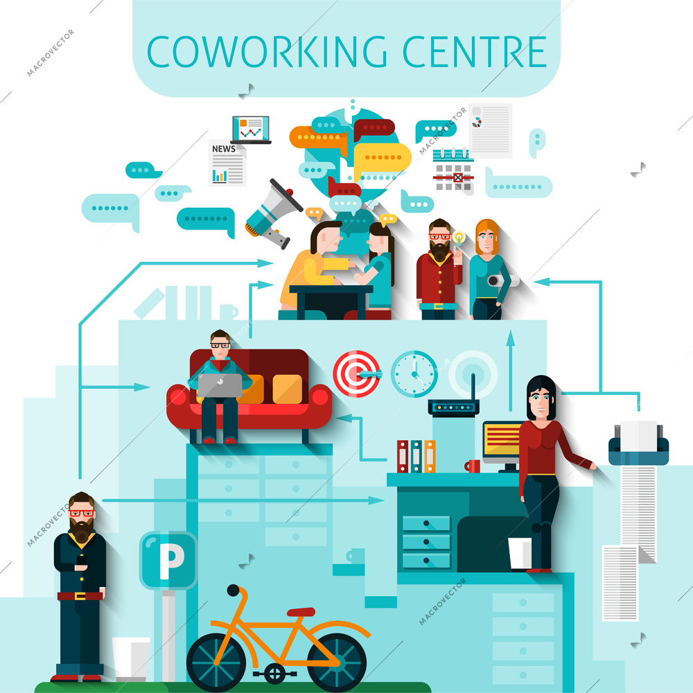 Coworking centre composition with communication and transport symbols flat vector illustration